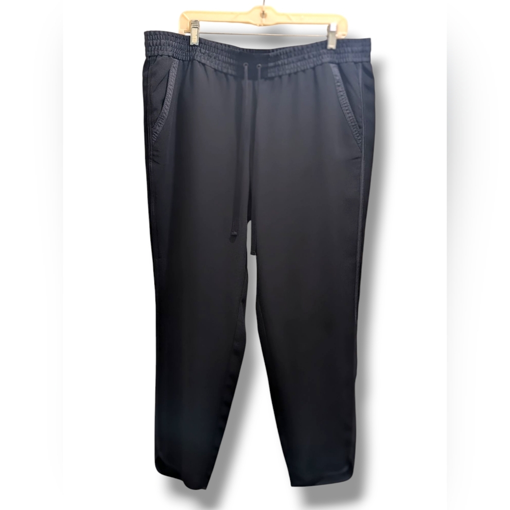 Ann Taylor LOFT Tuxedo Stripe Drawstring Black Crepe Satin Ankle Pants- 14